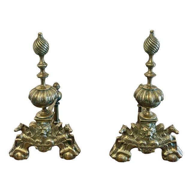 Large Antique Victorian Ornate Brass Fire Dogs and Andirons, 1880, Set of 2 For Sale
