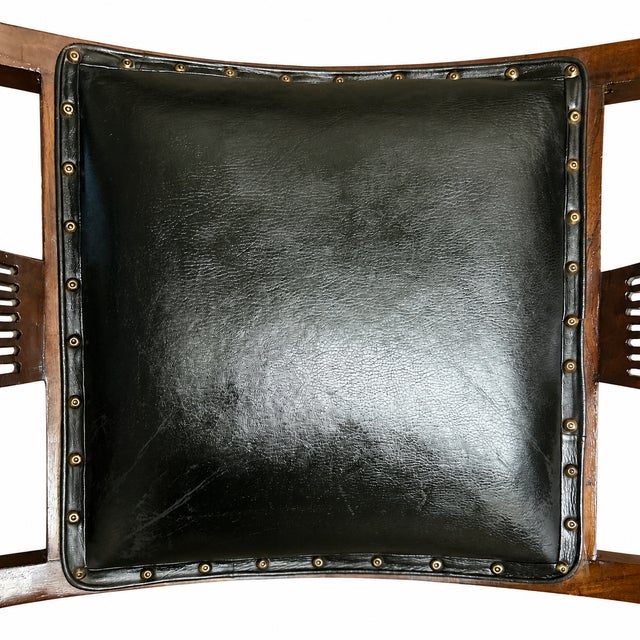 Wood Vintage Campaign Style Saddle Bench Stool With Black Leather Seat & Nailhead Trim For Sale - Image 7 of 7