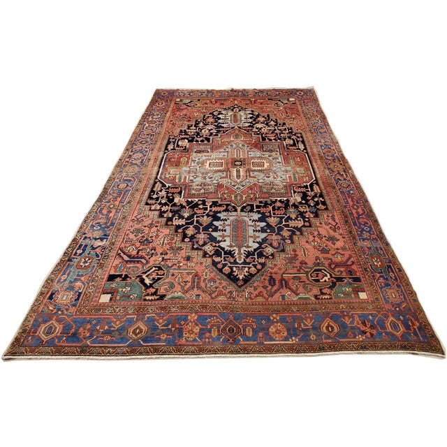 Antique Persian Heriz Carpet Handmade Wool Oriental Rug, Rust, Navy, Light Blue For Sale - Image 10 of 18