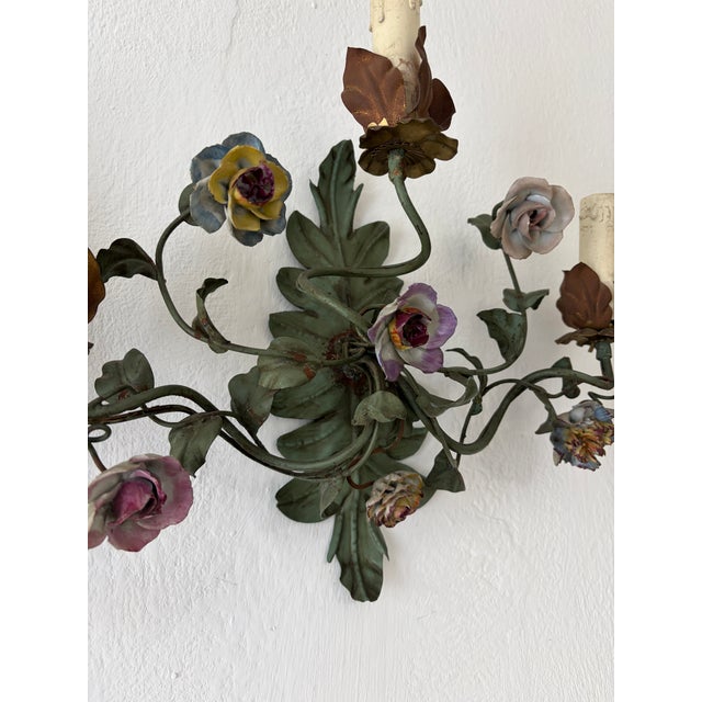 Printmaking Materials 19th Century Big Italian Tole and Porcelain Flowers Polychrome Sconces 3 Lights For Sale - Image 7 of 8