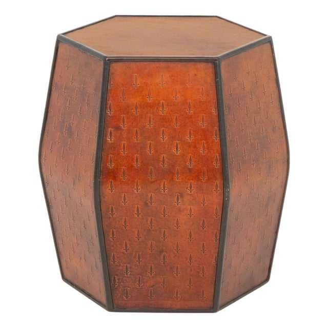 Fleur-De-Lys Embossed Leather Hexagonal Drum Stool For Sale