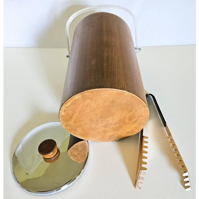 60s Retro Thermos Insulated Walnut Ice Bucket With Tongs For Sale - Image 6 of 7