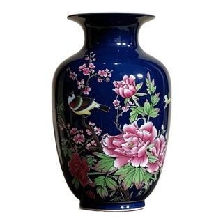 Chinese Old Ceramic Vase,Qianlong Marked Blue Ground Famille Rose Porcelain Vase Hand Drawing Flowers and Birds Pattern For Sale