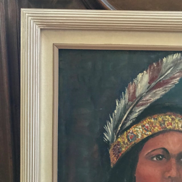 Paint Mid Century Portrait of Native American Maiden For Sale - Image 7 of 9