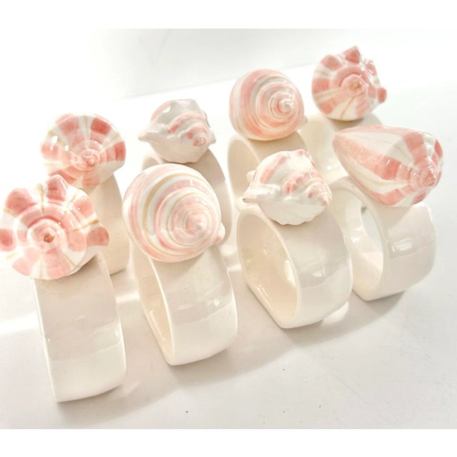 1980s 1980s Ceramic Pink Stripe Seashell Napkin Rings - A Set of 8 For Sale - Image 5 of 12