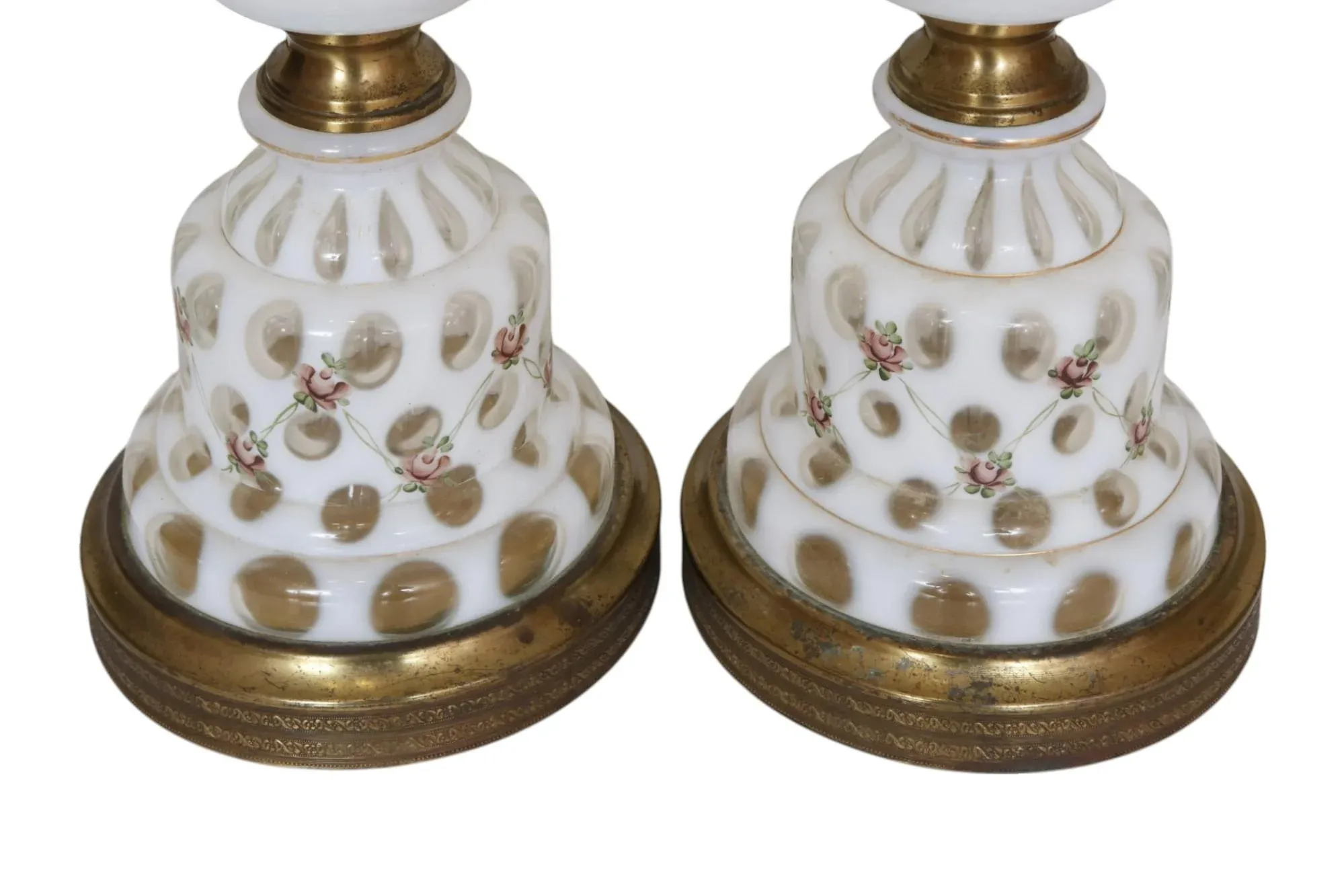 1940's French Opalescent White Coin Dot Lamps by Fenton, a Pair