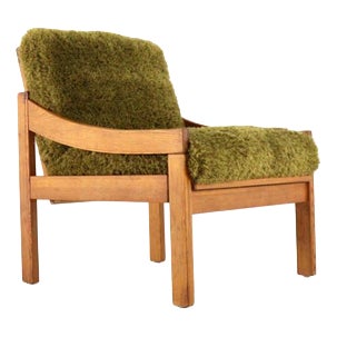 Pine Armchair with Green Upholstery, 1970s For Sale