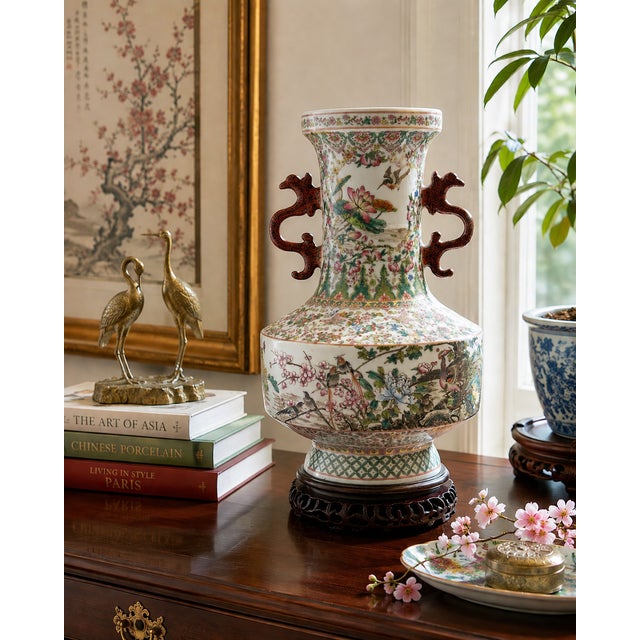 An impressive large-scale Chinese famille rose porcelain vase, richly hand-painted with an extraordinarily detailed...