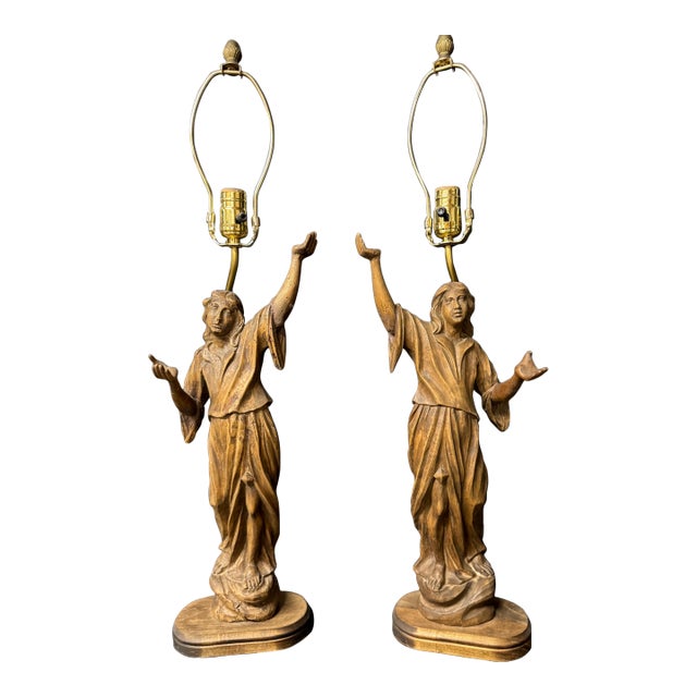 Early 20th Century Pair of Antique Walnut Carved Female Figure Lamps For Sale