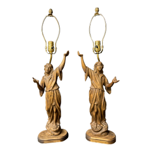 Early 20th Century Pair of Antique Walnut Carved Female Figure Lamps