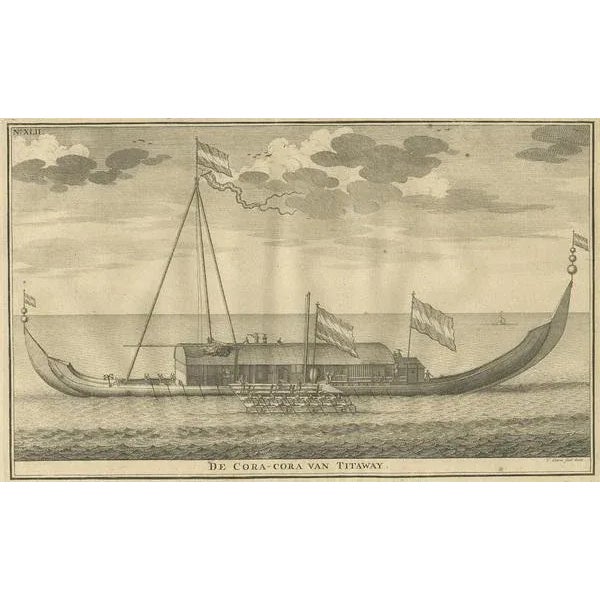 Antique print titled 'De Cora-Cora van Titaway'. This is an original copper engraving of the Coracora fleet from Titaway....