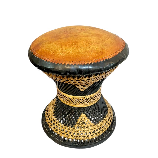 Pair of Mid-Century Anglo-Indian Leather & Rattan Drum Stools For Sale - Image 4 of 17