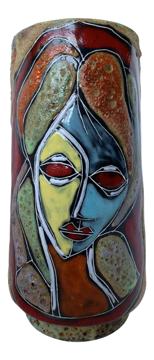 Italian Abstract Figural Lava Glaze Face Pottery Vase After Fantoni