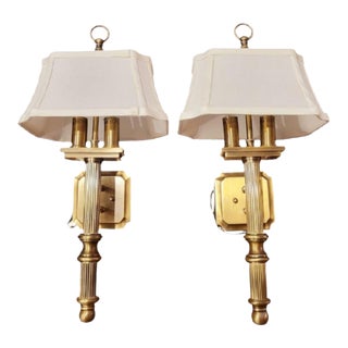Solid Antique Brass 2 Light Fluted Off White Shade Traditional Wall Light Sconce Lamps- A Pair For Sale