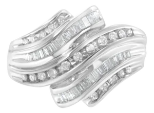 10K White Gold Round and Baguette Cut Diamond Channel Ring (3/4 Cttw, H-I Color, SI2-I1 Clarity) - Size 7