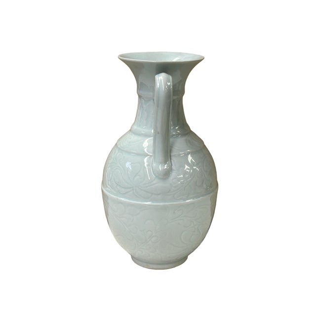 Chinese Porcelain Light Celadon White Underlay Scroll Flower Vase For Sale - Image 9 of 11