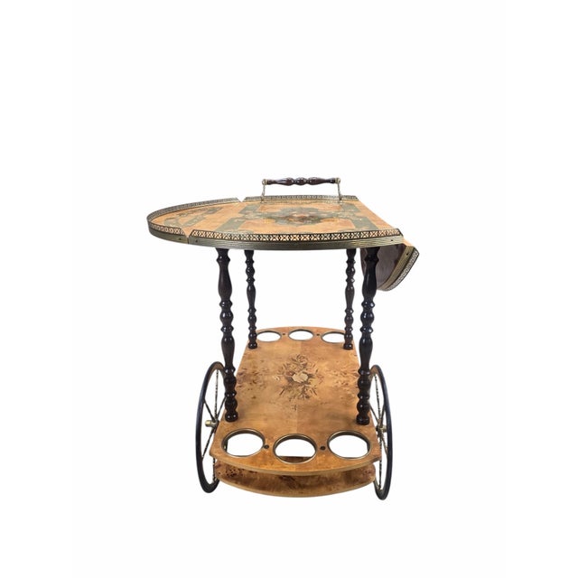 Vintage Italian Burl Marquetry Two Tier Drop Leaf Tea Bar Cart Vintage Italian tea bar cart featuring richly figured burl...