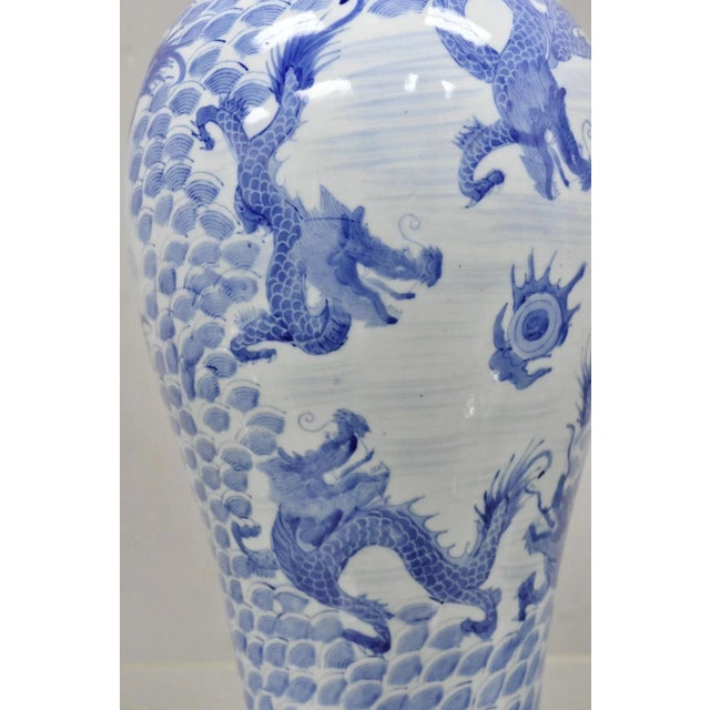 Ceramic Vintage Chinese Export Delf Style Blue and White Porcelain 25" Tall Dragon Vase For Sale - Image 7 of 11