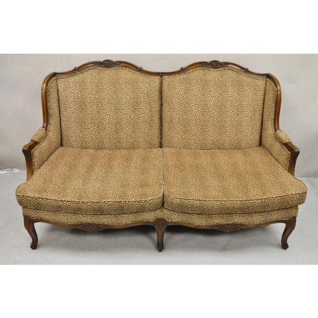 Vintage French Country Louis XV Carved Walnut Cheetah Print Wingback Sofa Settee For Sale - Image 10 of 12