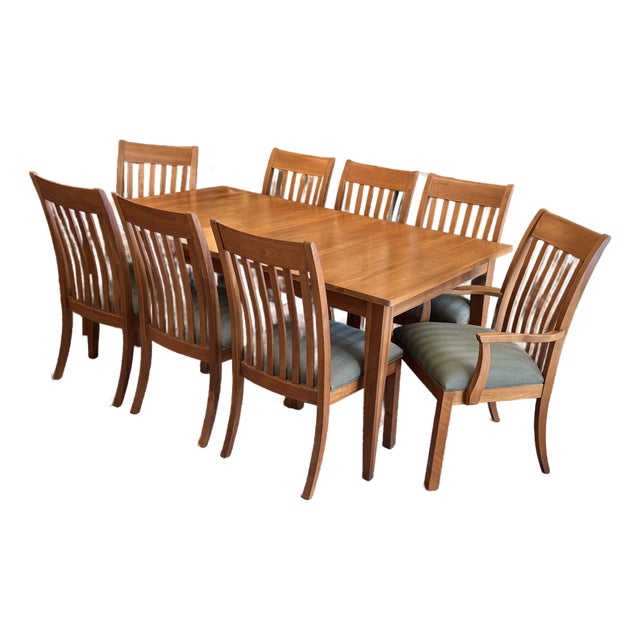 Ethan Allen Arts & Crafts Style Cherry Dining Table With Eight Slat-Back Chairs For Sale