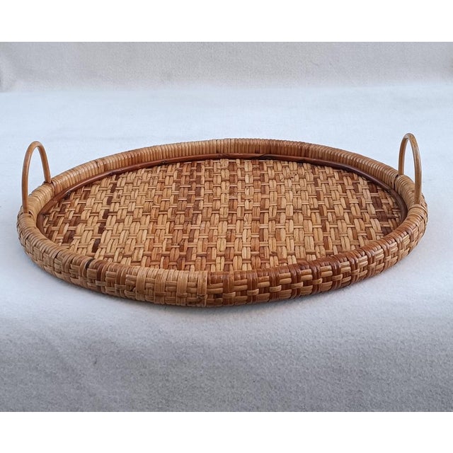 Brown Woven Wicker Tray with Handles, 1970s For Sale - Image 8 of 8