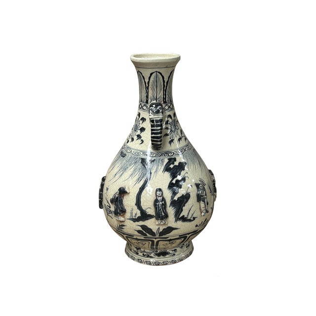 Oriental Cream White Color Blue Eight Immortal Theme Porcelain Vase Art For Sale In San Francisco - Image 6 of 17