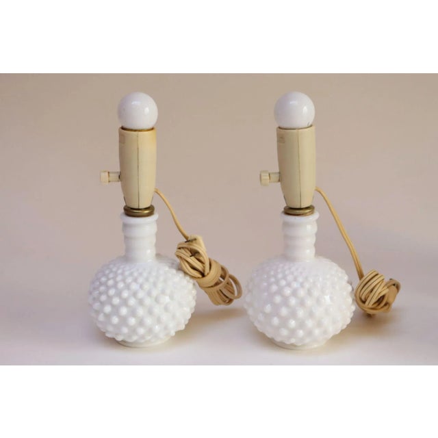 Mid-Century Modern Pair of Petite Mid-Century Modern Hobnail Milk Glass Boudoir Bedside Table Lamps For Sale - Image 3 of 11