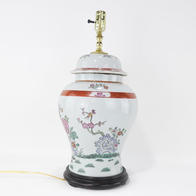 Chinoiserie Vintage Famille Rose Temple Jar Table Lamp Depicting Indigo Rocks and Flower Blooms For Sale - Image 3 of 10