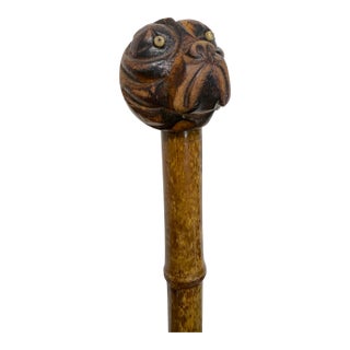 Antique 19th Century Hand Carved Folk Art Bull Dog Walking Stick Cane Sculpture For Sale
