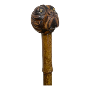 Antique 19th Century Hand Carved Folk Art Bull Dog Walking Stick Cane Sculpture
