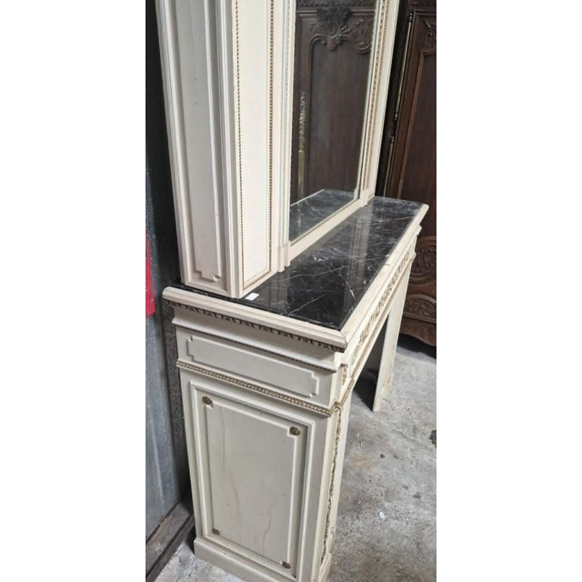 Louis XVI Style Fireplace with Overmantel in Lacquered Wood with Gilt Highlights For Sale - Image 4 of 8