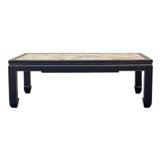 Vintage Brown Fabric Lacquer Rectangular Marble Stone Top Coffee Table For Sale