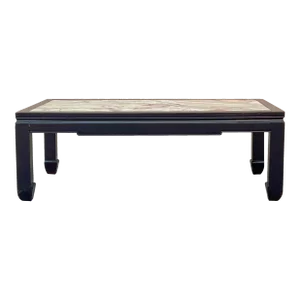 Vintage Brown Fabric Lacquer Rectangular Marble Stone Top Coffee Table