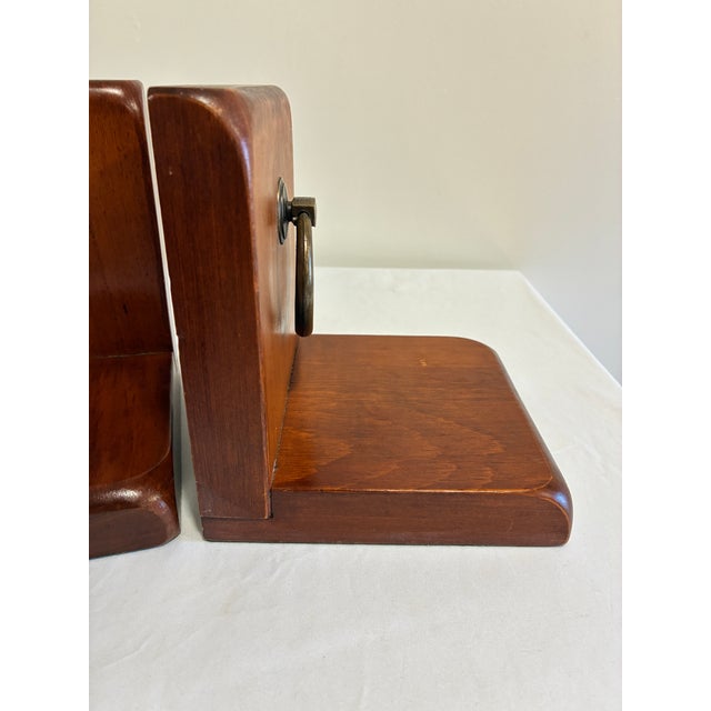 Brown Vintage Wood Bookends With Brass Ring Pull Hardware, Pair For Sale - Image 8 of 8