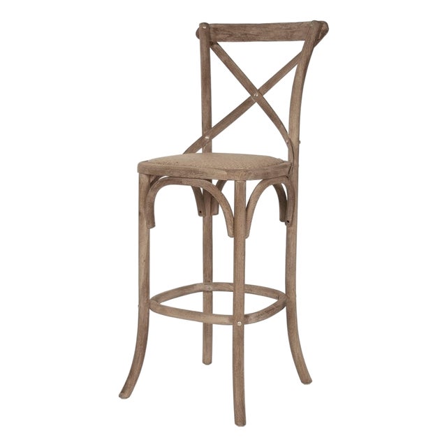 Parisienne Bar Stool with Rattan Seat - Gray Linen / Limed Grey Oak Frame For Sale