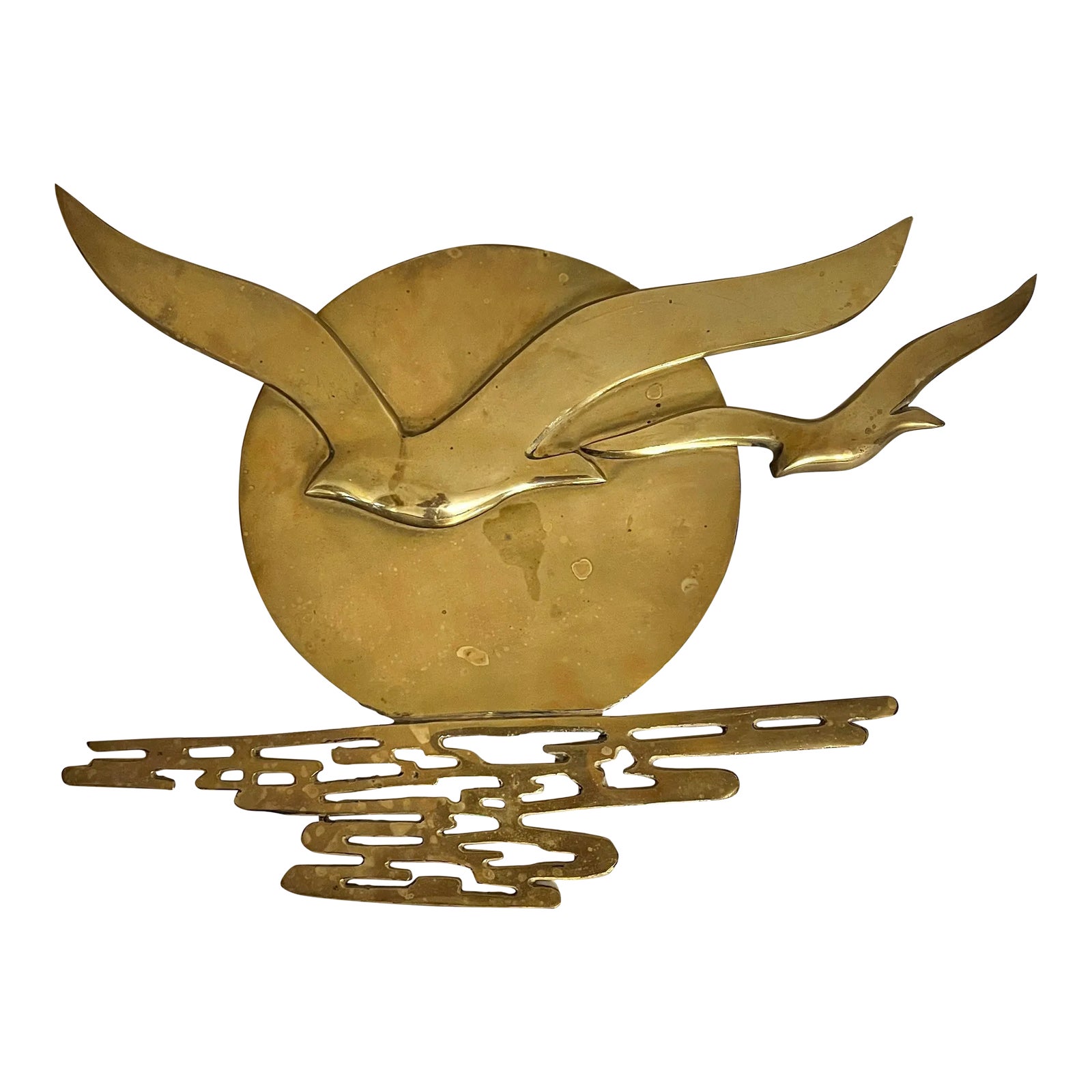 Mid Century Brass Birds in Flight at Sunset Wall Hanging