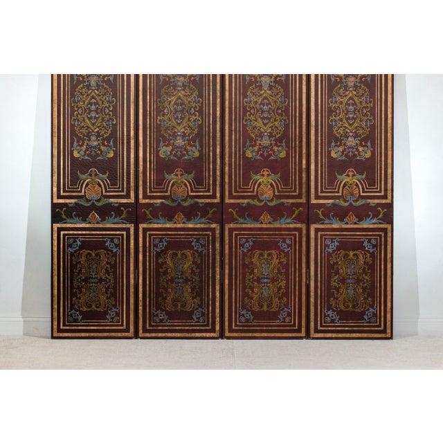 Vintage Chinese Four-Panel Painted Screen in Dark Red Brown Finish For Sale - Image 4 of 10