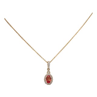 Aaa Padparadscha Sapphire Pendant With Natural Diamonds: Solid 14k Gold, 6x4mm For Sale