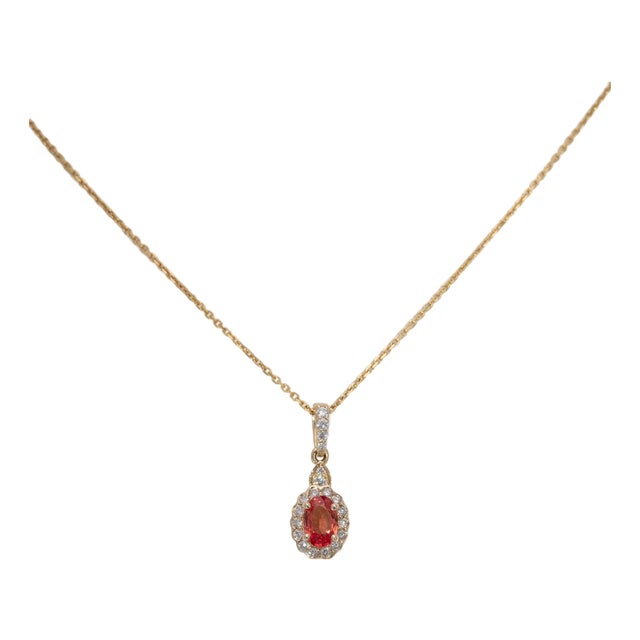 Aaa Padparadscha Sapphire Pendant With Natural Diamonds: Solid 14k Gold, 6x4mm For Sale