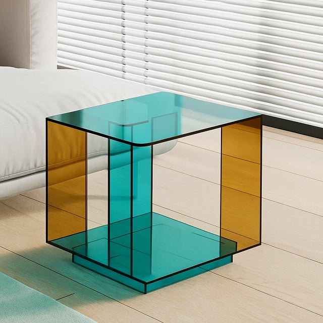 Acrylic Side Table, Double Colour in Amber, Water Green For Sale - Image 4 of 4