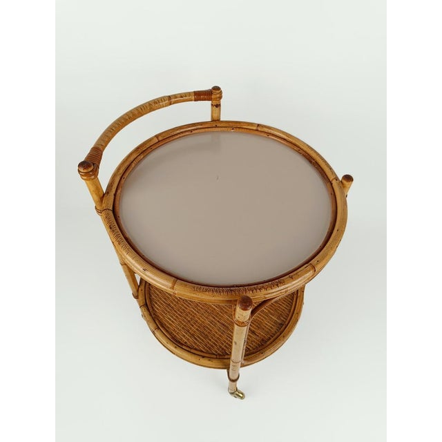 Mid-Century Round Serving Bar Cart Trolley in Bamboo & Rattan, Italy, 1960s For Sale - Image 10 of 18