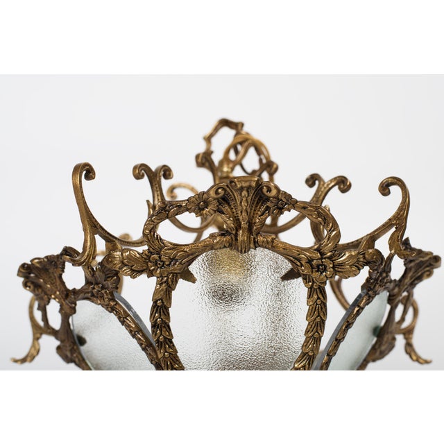Metal 1960s Spanish Rococo Revival Cast Brass Chandelier With Frosted Textured Glass For Sale - Image 7 of 10