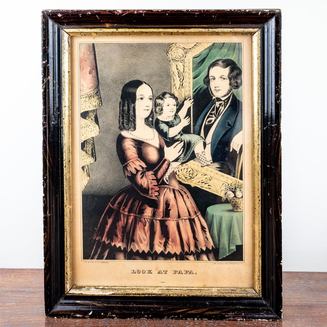 An exceptional matched pair of original mid-19th century Currier & Ives hand-colored lithographs, including “Look at Papa”...