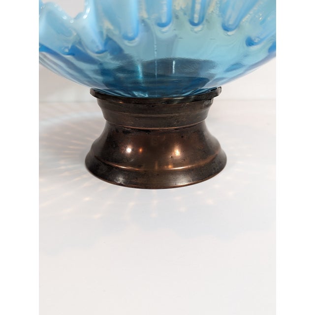 Victorian Antique Glass Aqua Blue Ribbed Optic Bride’s Bowl, Crescent Silver Co. Quadruple Plate Base For Sale - Image 3 of 10