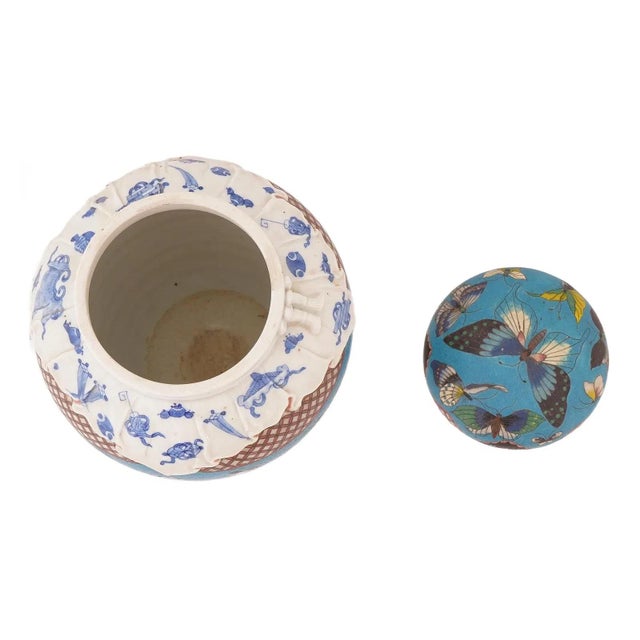 Paint Monumental Meiji Japanese Cloisonne Enamel Totai Covered Jar With Butterflies For Sale - Image 7 of 11