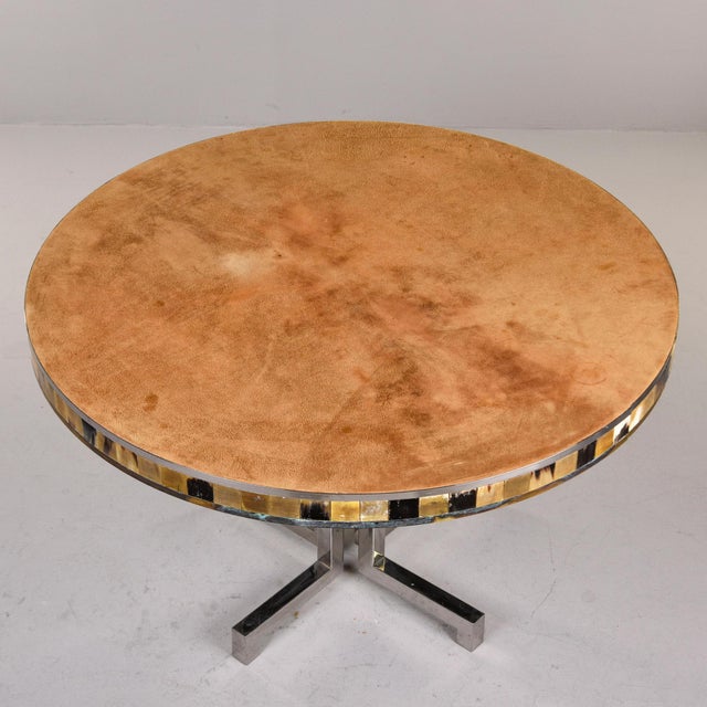 Unusual French Mid Century Suede-Topped Table With Chrome Base & Mosaic Sides For Sale - Image 11 of 12