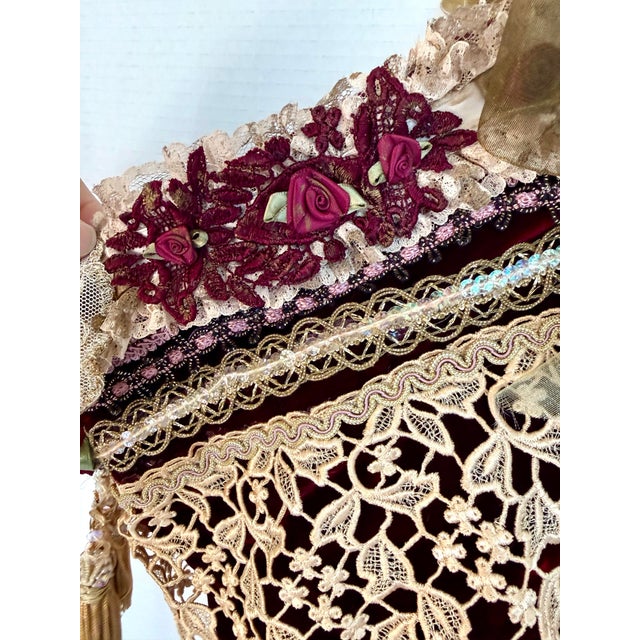Victorian Style Burgundy Velvet Christmas Stocking With Cherub, Lace & Tassels For Sale - Image 9 of 14