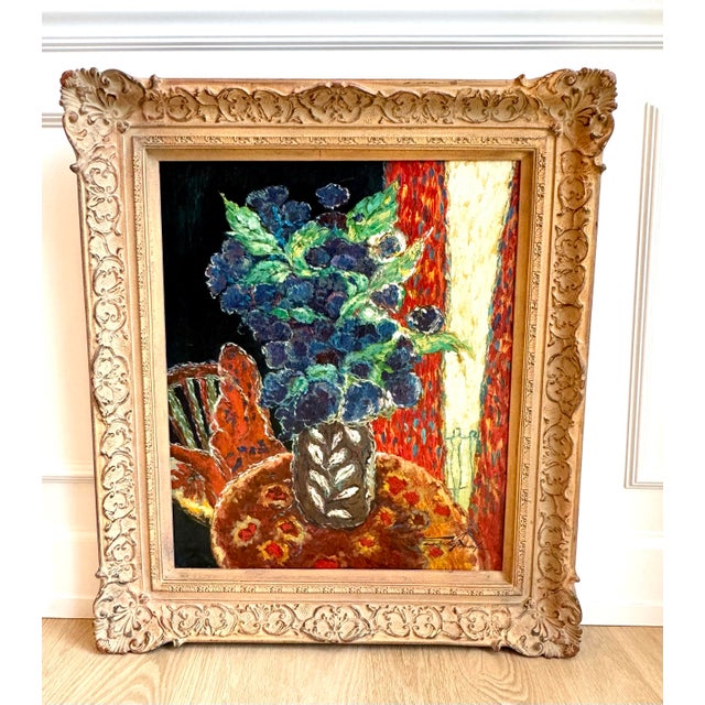 1990s Vintage Signed Expressive Floral Still Life Oil Painting in Carved Giltwood Frame - 27" X 33" For Sale - Image 5 of 8