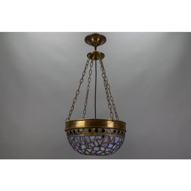 Art Nouveau French Blue and Violet Stained Glass Pendant Light, 1920s For Sale - Image 14 of 18
