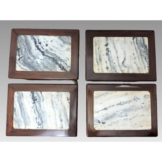 Wood Antique Rosewood Chinese 'Mahjong' Stools / End Tables With White Grey Dali Lake Marble Tops - Set of 4 / Pair For Sale - Image 7 of 12